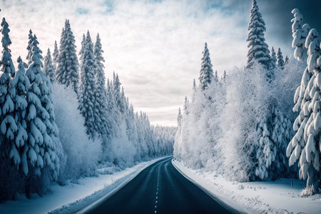 Road with snow covered trees around itの素材
