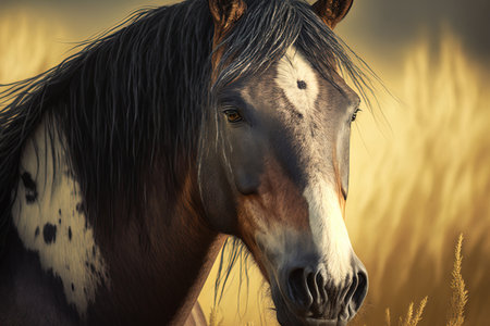 Wild horse captured in close up on a summer steppeの素材