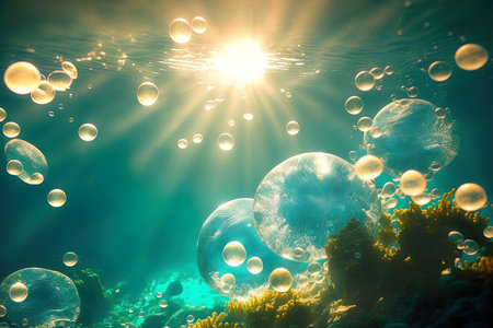 underwater backdrop bubbles of water surface, underwater bubbles of sunlightの素材