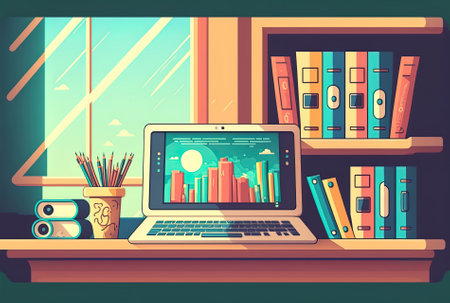 Laptop on the table in the office. Flat design illustration.の素材