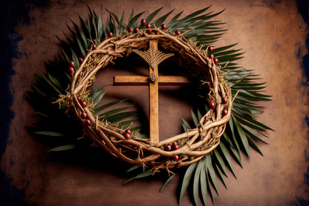 wooden crucifix and thorny crown decorationの素材