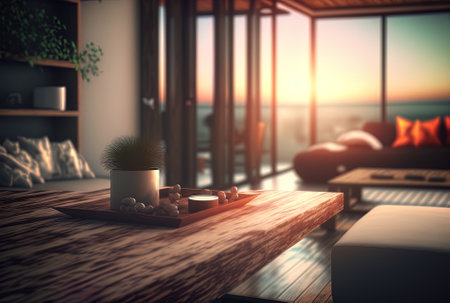wooden table with a view of a blurry contemporary living roomの素材