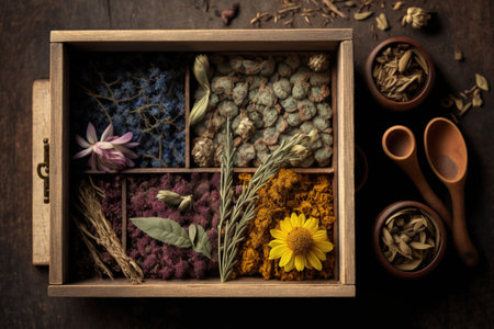 Herbal medicine, top view, with healing herbs in wooden box on table. Lay flatの素材