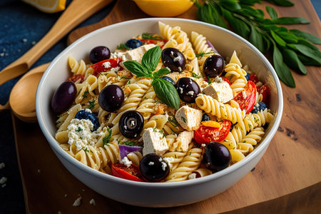 Healthy Greek summer dish pasta salad with feta and olivesの素材