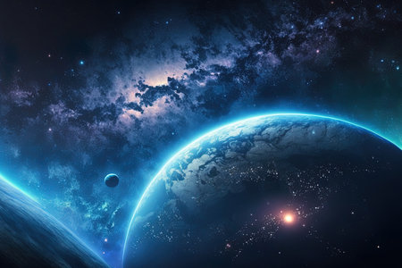 Lovely blue Earth with a blue glow, stars, and the Milky Way. dawn in outer spaceの素材