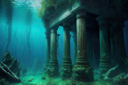 Underwater old temple remains with corroded columns.の素材