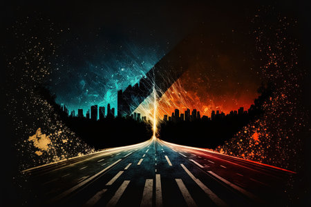 The city at night as seen from the asphalt roadの素材