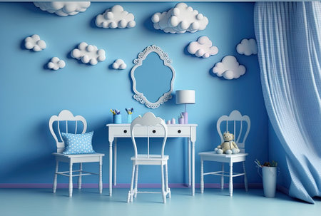 In a sweet nursery, a gorgeous blue wall with clouds and an empty white tablesの素材