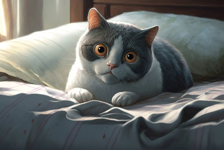 Grey and white cat with a funny surprise laying on a bedの素材