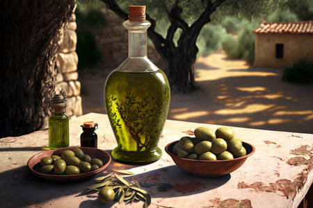 Olive grove still life with green olives and oil on a tableの素材