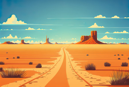 Long, straight dirt road in the desert vanishes into the distanceの素材