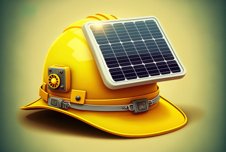 Solar cell panel with yellow safety helmetの素材