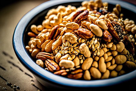 Peanuts in a dish up close with fried peanuts all aroundの素材