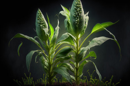 The maize in the field is still young and green. young plants of cornの素材