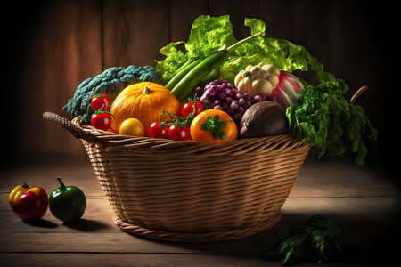 Produce in the basket fresh produce against a wooden backgroundの素材