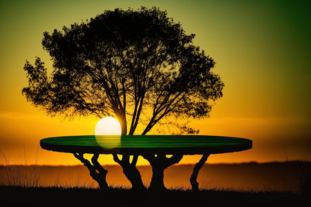 Sunset silhouette on a wooden tableの素材