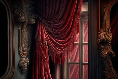 On the window is a crimson velvet drape with tasselsの素材