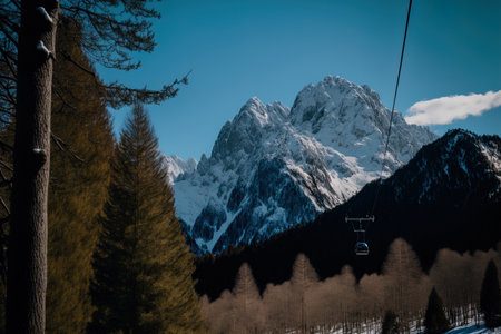 View from a distance of a ropeway among some mountains and woodsの素材