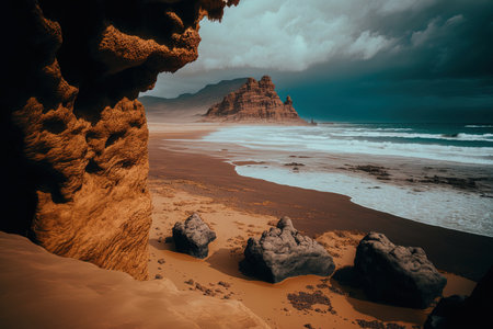 Shot of a brown rock formation surrounded by ocean water under a gloomy sky is lovelyの素材