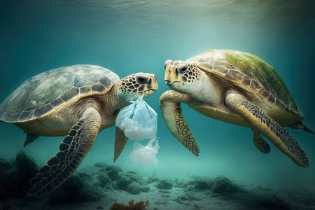 Turtles eating plastic bags due to ocean plastic pollution is an environmental issueの素材