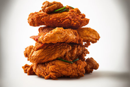 Spicy fried chicken piled high and isolated on a white backdropの素材