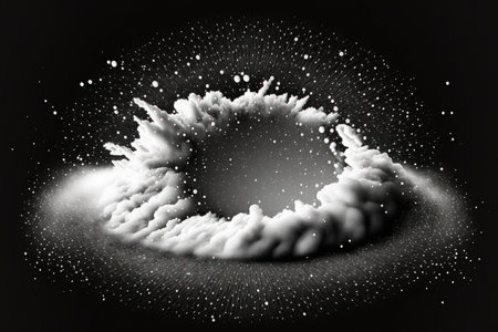 White powder snow cloud burst in an abstract design on a dark backgroundの素材