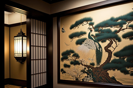 a Japanese style room with a crane and pine tree fusuma paintingの素材