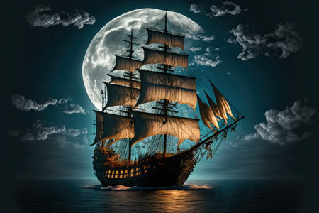 a ship at sea with the moon and the gorgeous sky as a backdrop,の素材