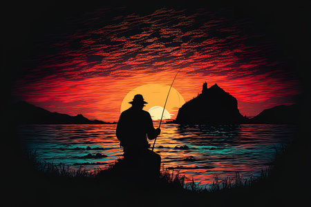 Sunset with a silhouette of a fisherman holding a fishing rodの素材
