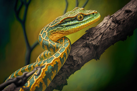 Viper snake closeup on a branch, Tropidolaemus wagleriの素材