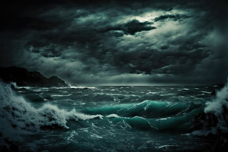 a stunning gloomy sky and a dark, stormy seaの素材
