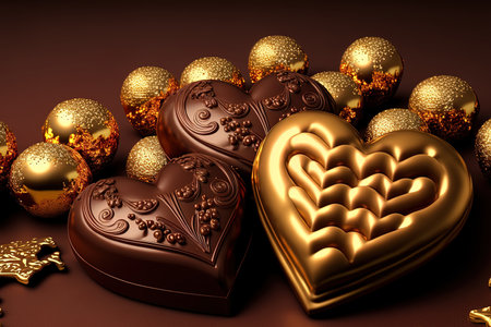 chocolate chocolates in the shape of hearts and gold Christmas decorationsの素材