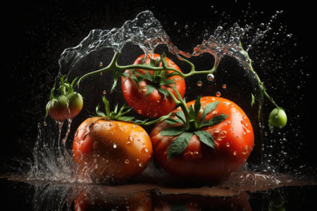 Tomatoes, ripe and fresh, set against a dark background and sprinkled with waterの素材
