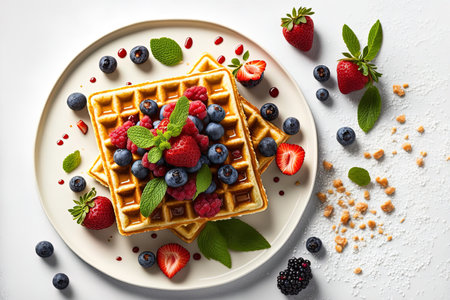 breakfast with berries on a white table, no people, horizontal Viennese wafflesの素材