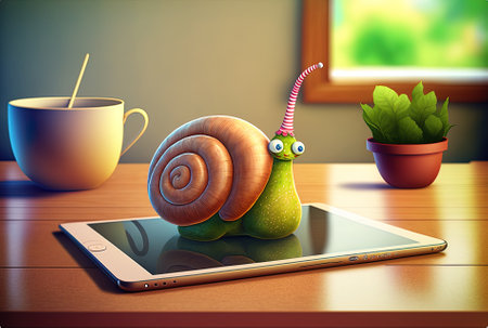 Tablet and snail plate on the kitchen deskの素材