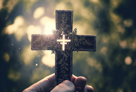 a cross is held by a person against a fuzzy natural backgroundの素材