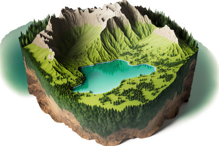 green mountains with a lake, isolated on a white backdrop, in a soil sliceの素材