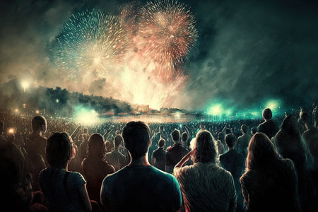 crowd enjoying and watching fireworksの素材