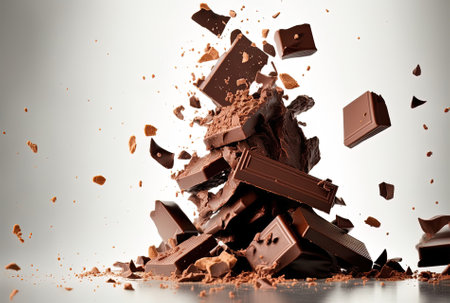 stacked chocolate chunks falling close up on a white backdropの素材
