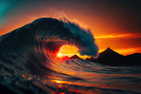 the wave in a seascape is lighted by the rising sunの素材