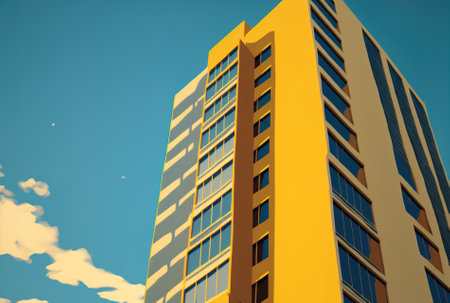 image of a brown and light yellow building vertically against a blue skyの素材