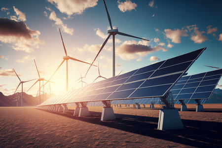 windmills and solar photovoltaic panels. power conceptの素材