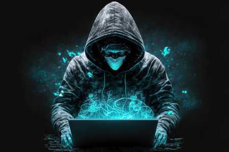 Hacker utilizing holographic laptopの素材