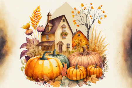 water color houses, gourds, maize, and fall flowers. Autumn vacationsの素材