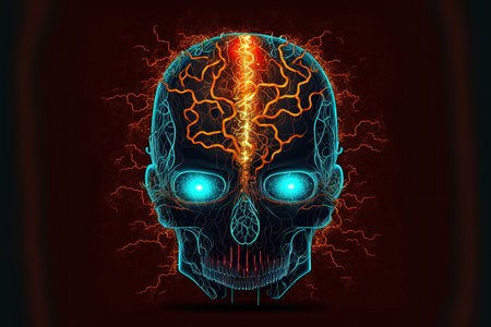 Glowing transparent cyborg face with atomic particle brainの素材