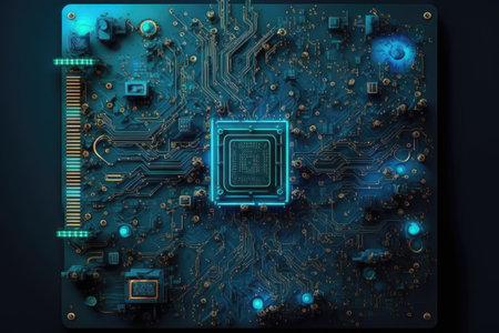 There was a glowing circuit board at the center of a blue backgroundの素材