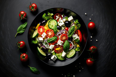 Greek salad in a white bowl with fresh veggies and a dark background. a top viewの素材