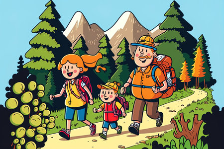 a joyful family exercising outsideの素材