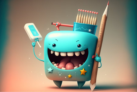 Cartoon monster with pencils and thermometer. illustrationの素材