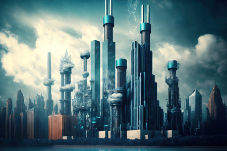 Smart industry concept featuring the skyscrapers of downtown Chicagoの素材